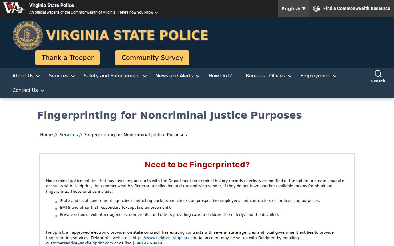 Virginia fingerprint guidance related to Southampton County arrest records