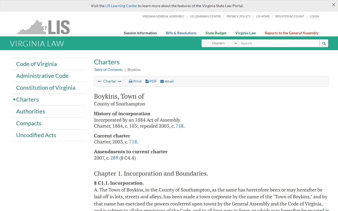 Boykins criminal record context in Southampton County on the official Virginia town charter