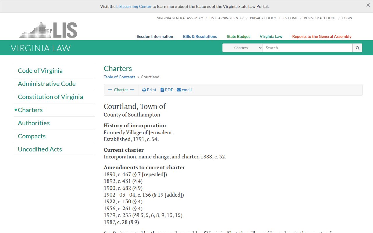 Courtland criminal records context in Southampton County on the official Virginia town charter page