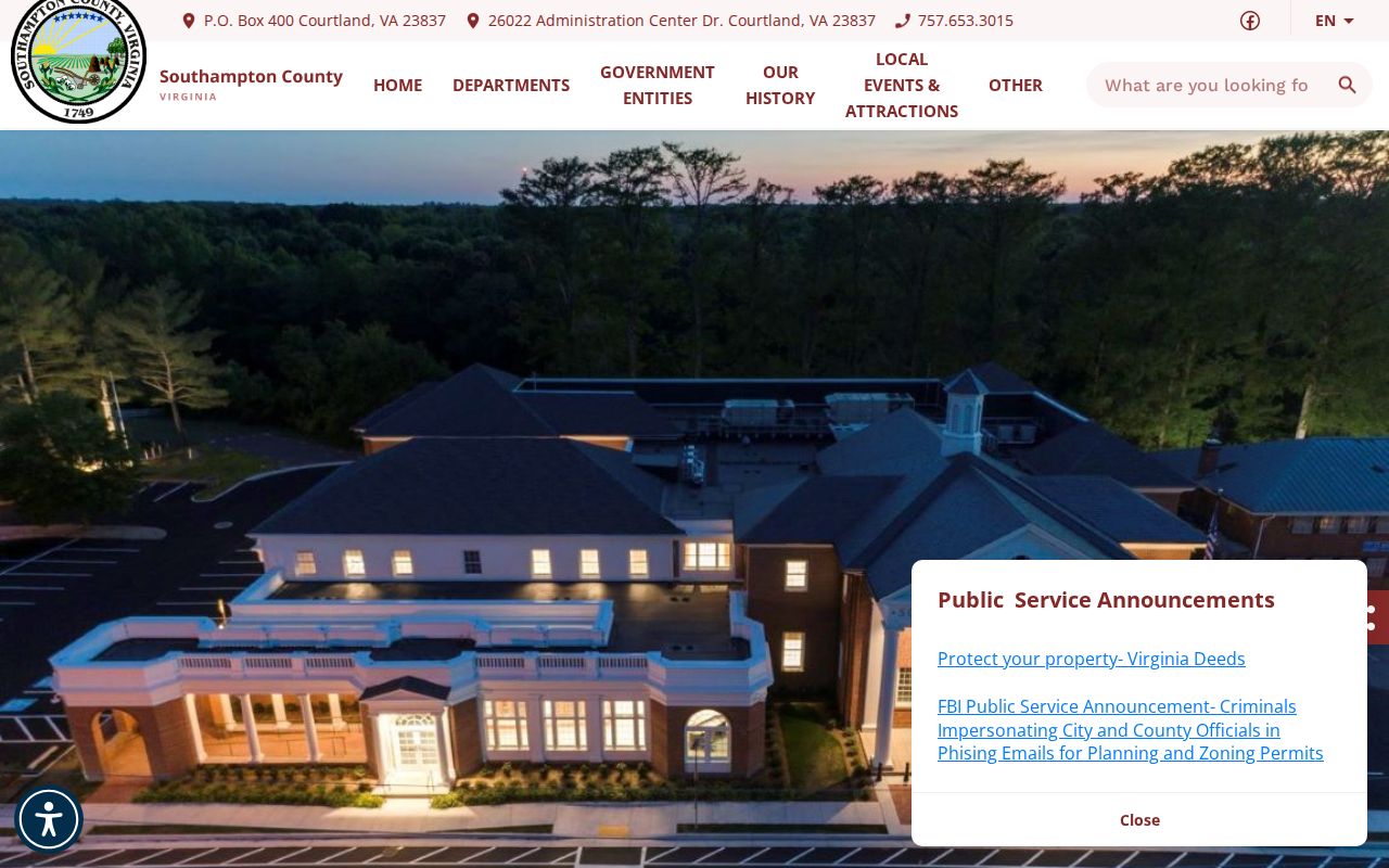 Southampton County government homepage and public records contact