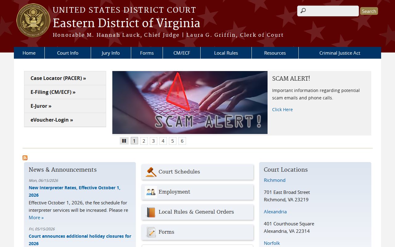 United States District Court for the Eastern District of Virginia homepage