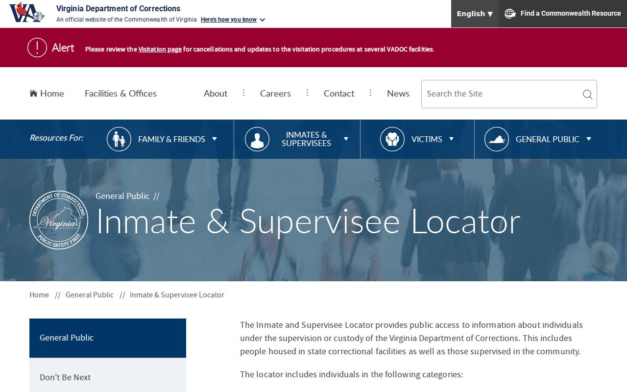 VADOC Inmate and Supervisee Locator search fields