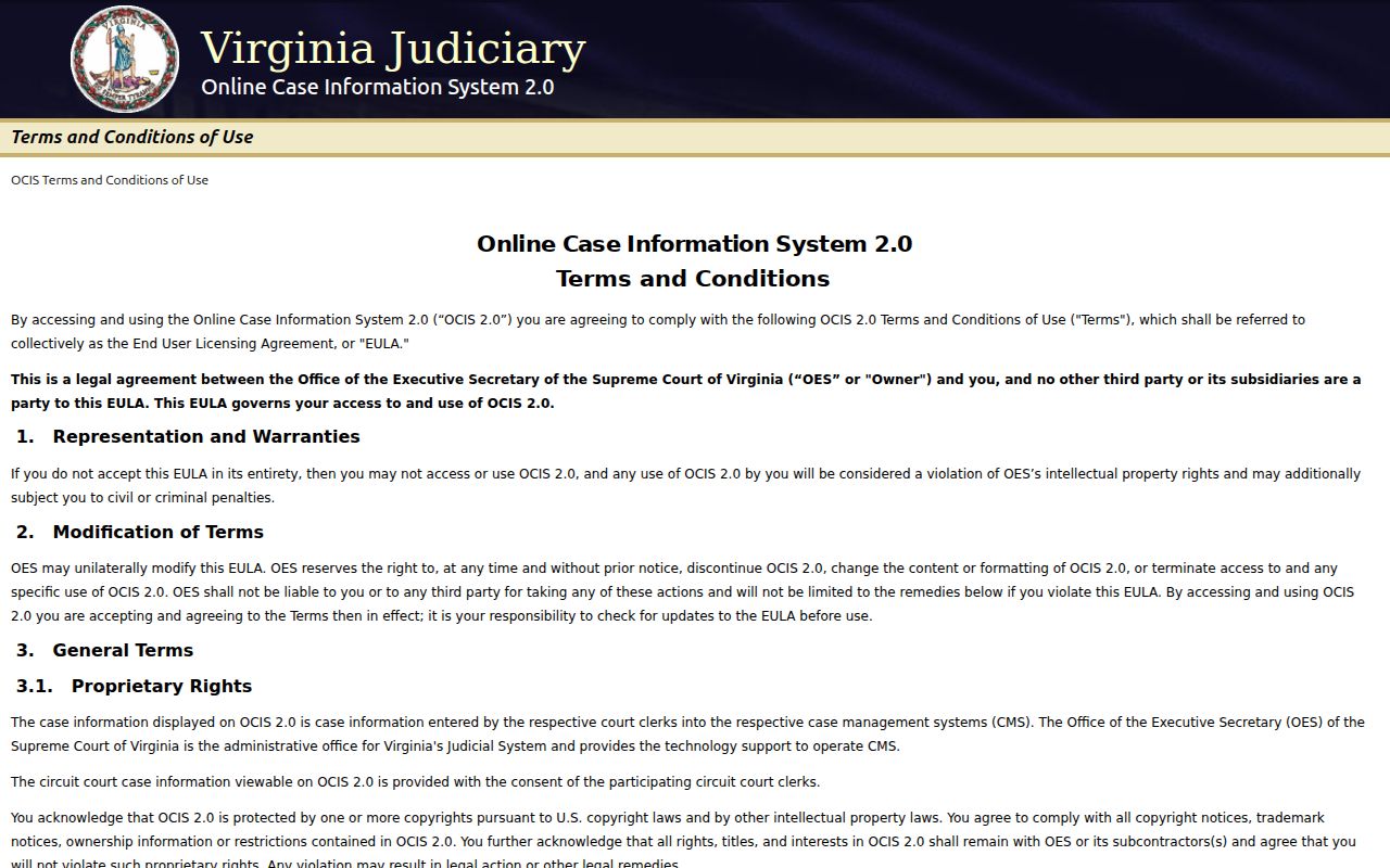 Virginia OCIS court selection and criminal case search interface