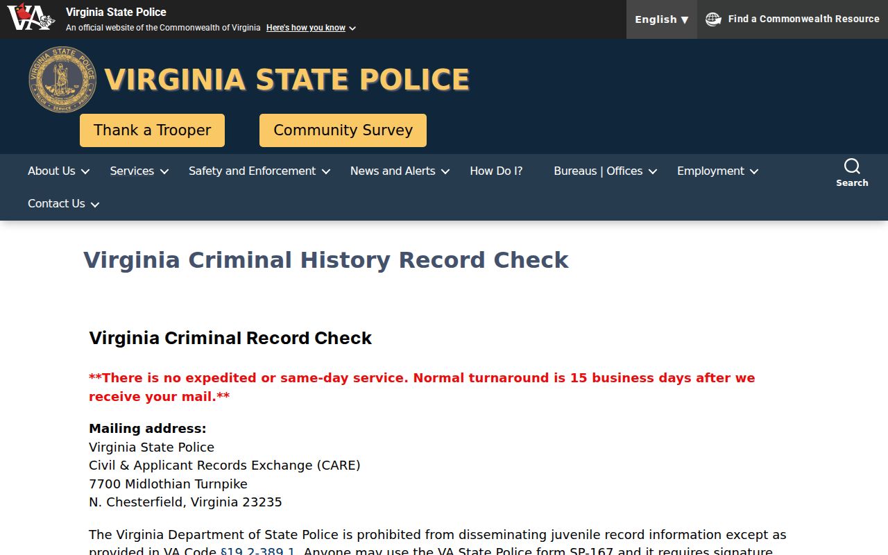 Virginia State Police criminal record check instructions for SP-167 requests