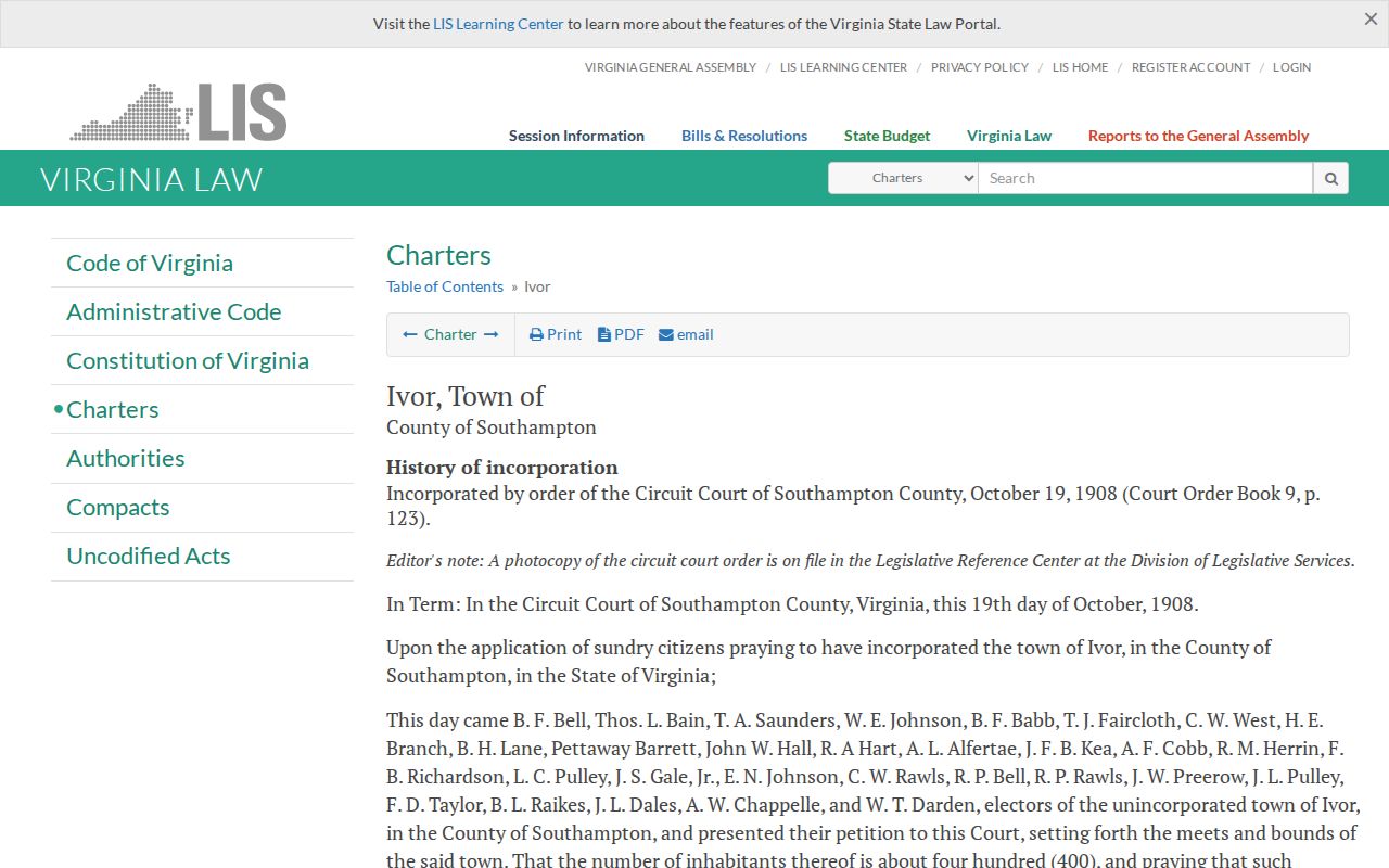 Ivor criminal records context from the official Virginia town charter
